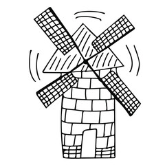Cute single vector element is a windmill. Hand-drawn sketch illustrations for the design of restaurants, bakeries, cafes, advertising, prints, emblems and logos.