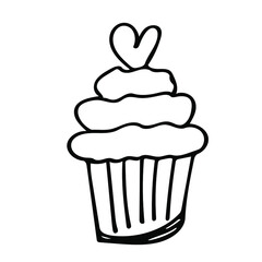 Cute single vector element is a cupcake with a heart. Hand-drawn sketch illustrations for the design of restaurants, bakeries, cafes, advertising, prints, emblems and logos.