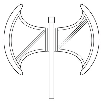 Minoan double axe labrys. Ancient Cretan sacred symbol of goddess. Black and white linear silhouette.