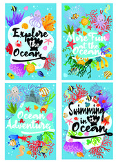 Fototapeta na wymiar vector one card set of the ocean vibes, explore the ocean, more fun at the ocean, ocean adventure, swimming in the ocean. vector one card set for sign or symbol or other