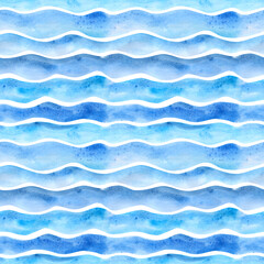 Obraz premium Blue and turquoise watercolor wavy lines seamless pattern on a white background. Abstract ocean endless print. Hand-drawn waves background. Horizontal wave illustration. Teal backdrop. Wallpaper.
