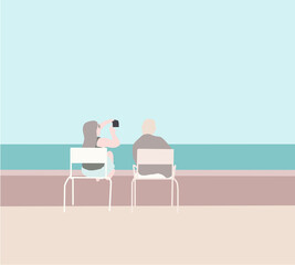 Fototapeta premium Couple sitting on chair using cellphone camera app taking selfie picture outdoors for social media while travel relax seeing ocean.
