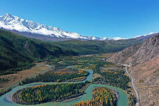 landscape altai russia, autumn top view, drone over the forest