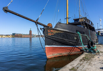 An old moored ship in center of Stockholm