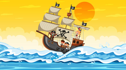 Ocean with Pirate ship at sunset scene in cartoon style