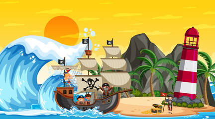 Scène de plage au coucher du soleil avec un personnage de dessin animé pour enfants pirates sur le navire