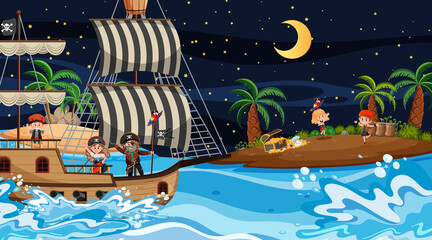 Treasure Island scene at night with Pirate kids on the ship