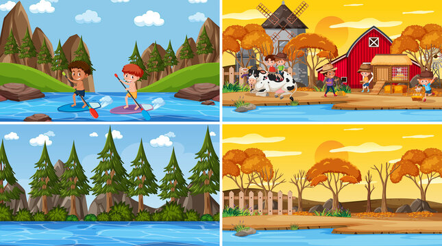 Set of different nature scenes cartoon style