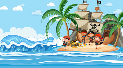 Scène de l& 39 océan pendant la journée avec des enfants pirates debout sur l& 39 île au trésor