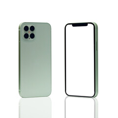 Mobile phone concept, front view and back side with isolate on background. Smart phone with camera, power and volume buttons.