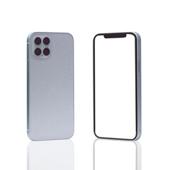 Mobile phone concept, front view and back side with isolate on background. Smart phone with camera, power and volume buttons.