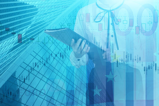 financial training,investment,business analysis concept, finance growth graph candlestick charts with woman trader on the background of dollar and euro banknotes