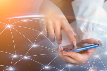 international online support concept,Customer service operator woman with mobile phone and global...