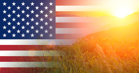 4th of july banner, background of American flag and fireworks, freedom concept,sunset in the...