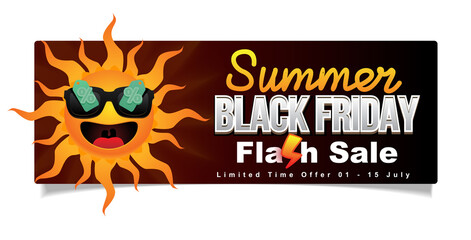 summer black friday flash sale. smiling sun wear sunglasses with discount tag. 