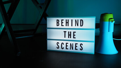 Behind the scenes letterboard text on Lightbox or Cinema Light box. Movie clapperboard megaphone...