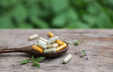 Herbal medicine on organic herb tree leaf for health care eating in daily life