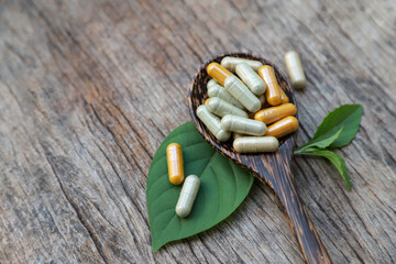 Herbal medicine on organic herb tree leaf for health care eating in daily life