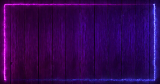 Glowing Neon Energy border frame on a wooden background. Digital technology effect duotone line -  animation loop. 4K Video 