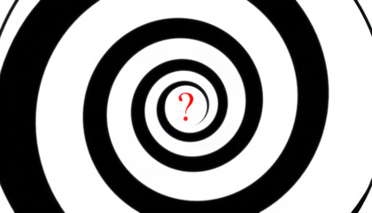 A black-and-white hypnotic spiral with a red question mark at the center.
