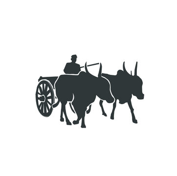 Indian Bullock cart with sitting man. Bail Gadi vector silhouette. 