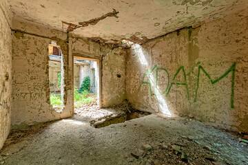 Gunaros, Serbia - May 28, 2021: Indoor of The abandoned summer house 