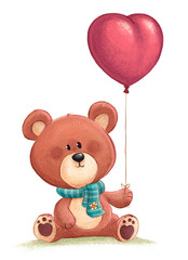 Illustration of teddy bear with heart shaped balloon