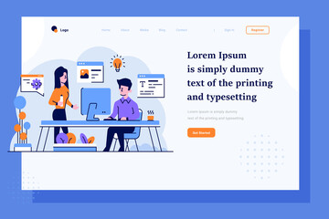 Landing Page Business content creator blogger vlogger brainstorming idea images designer setting type flat and outline design style