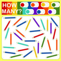 children's vector illustration with a math game. Count how many colorful pencils are shown in the picture and write the result 