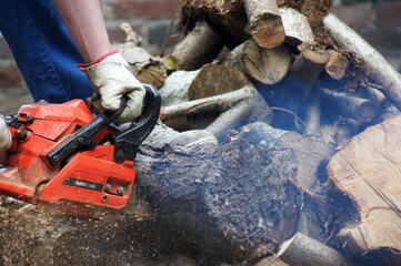 Holz sägen mit der Kettensäge