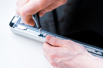 Motherboard service. Technology hardware repair and electronic computer maintenance from technician engineer man. Support pc equipment.