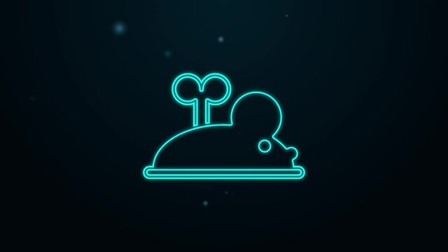 Glowing neon line Clockwork mouse icon isolated on black background. Wind up mouse toy. 4K Video motion graphic animation
