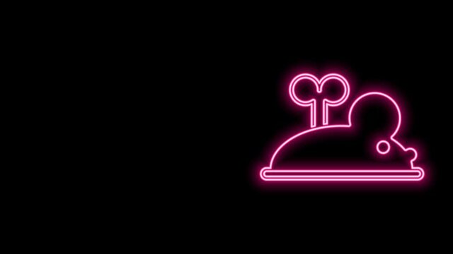 Glowing neon line Clockwork mouse icon isolated on black background. Wind up mouse toy. 4K Video motion graphic animation