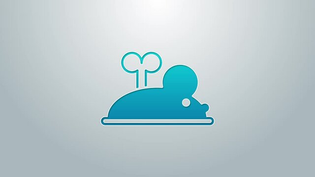 Blue line Clockwork mouse icon isolated on grey background. Wind up mouse toy. 4K Video motion graphic animation