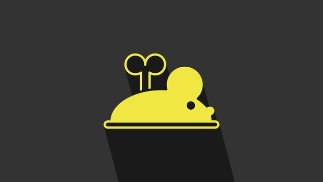 Yellow Clockwork mouse icon isolated on grey background. Wind up mouse toy. 4K Video motion graphic animation