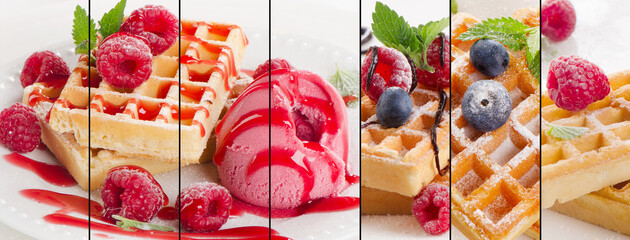 Collage of golden homemade waffles with berries. Dessert food concept.