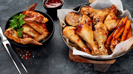 Roasted chicken legs with garlic and sauce on gray background.