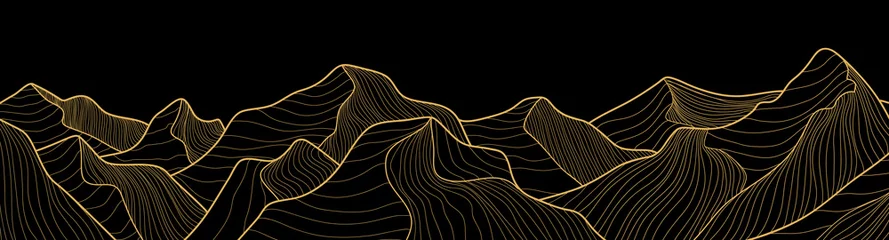 Fotobehang Mountain line art background, luxury gold wallpaper design for cover, invitation background, packaging design, wall art and print. Vector illustration. © TWINS DESIGN STUDIO