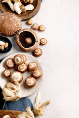 Variety of raw mushrooms on light gray background.