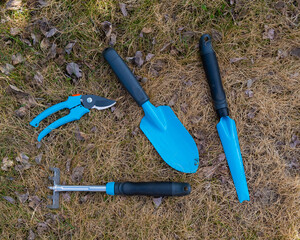 Top view of a pruner rake and a gardener's shovel with blue handles on the grass. A set of tools...