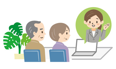 オンラインで相談するシニア夫婦のイラストレーション