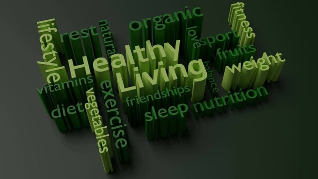 Healthy living through balanced lifestyle health and nutrition choices 3d animation word cloud concept.