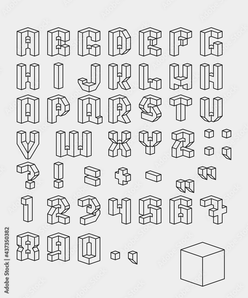 Fototapete vector isometric 3d font. black-white collection of letters, numbers and punctuation marks