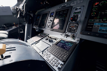 Display with information. Close up focused view of airplane cockpit