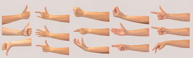 Set of multiple female caucasian hand gestures isolated over the white background