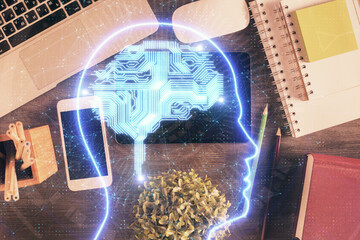 Multi exposure of brain drawing over work table desktop. Top view. Global data analysis concept.