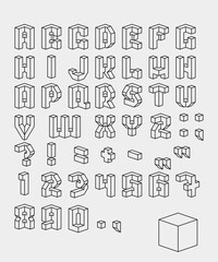 Vector isometric 3d font. Black-white collection of letters, numbers and punctuation marks