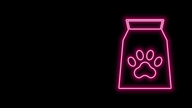 Glowing neon line Bag of food for pet icon isolated on black background. Food for animals. Dog bone sign. Pet food package. 4K Video motion graphic animation
