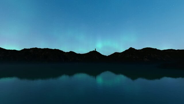 A man standing on a hill in admiration of the Aurora Borealis at nighttime, 4K
