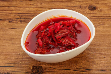 Russian traditional Borsch soup with cabbage